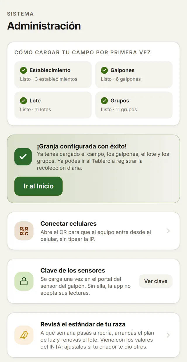 La administración: la granja cargada y el botón para conectar los celulares con un QR