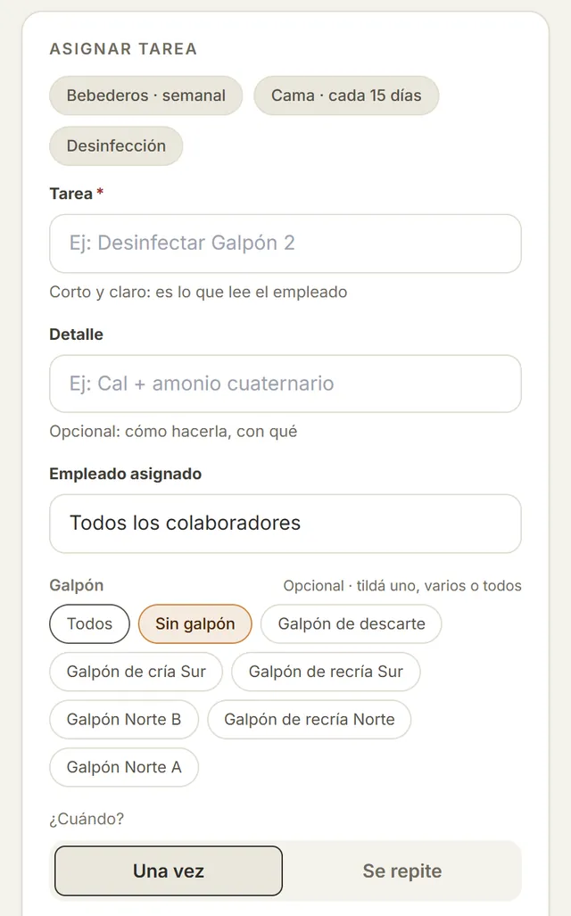 Pantalla real para asignar una tarea al equipo