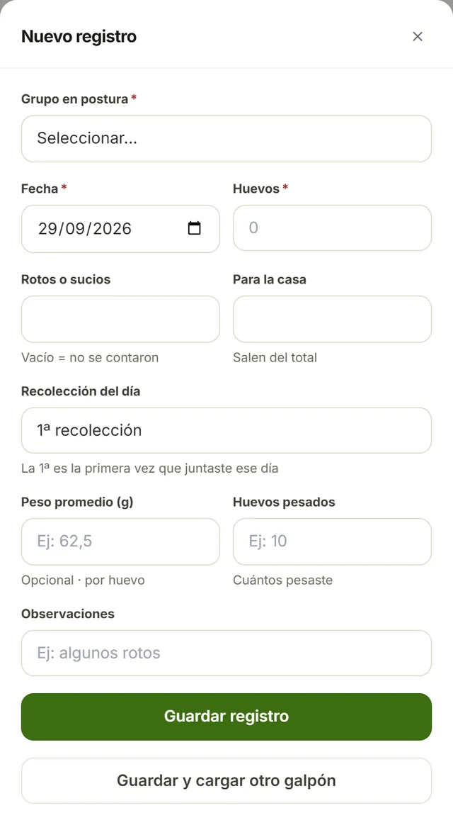 El formulario para cargar huevos: galpón, fecha, huevos, rotos o sucios y para la casa